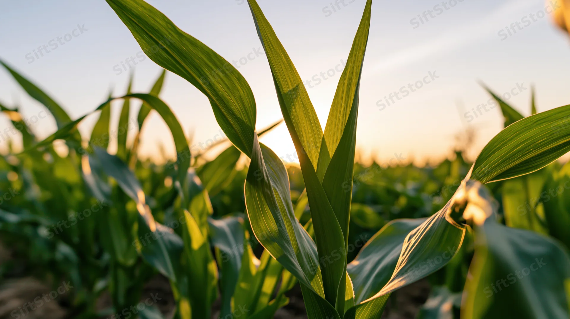 Young corn stalks with broad green leaves in a field at golden hour