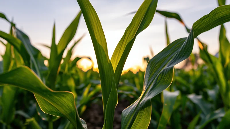 Close-up of young corn stalks with broad green leaves in a field at sunrise