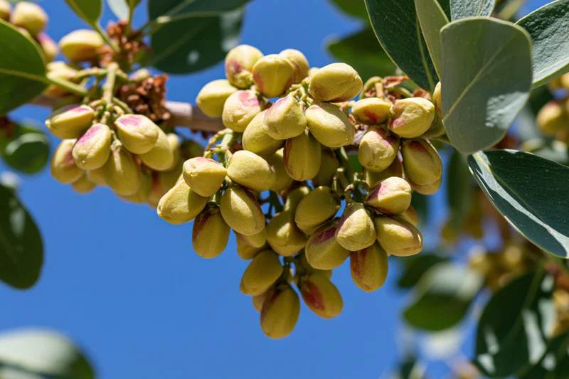 Unripe pistachios clustered on a tree branch against a clear blue sky