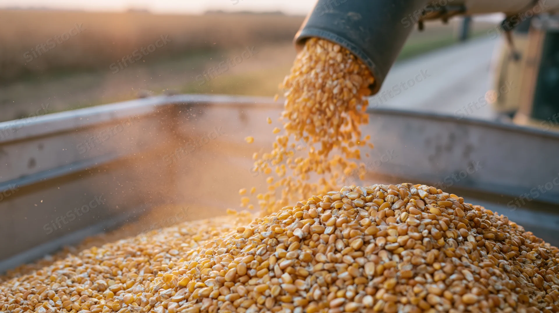Combine harvester auger pouring corn into a truck trailer at sunset