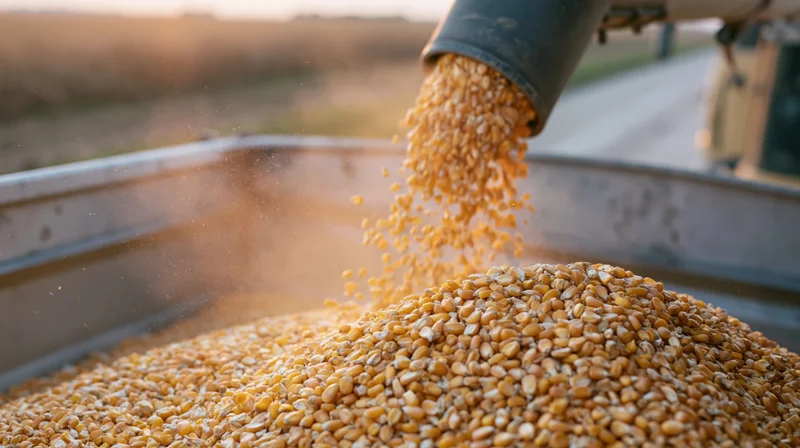 Combine harvester auger pouring corn into a truck trailer at sunset
