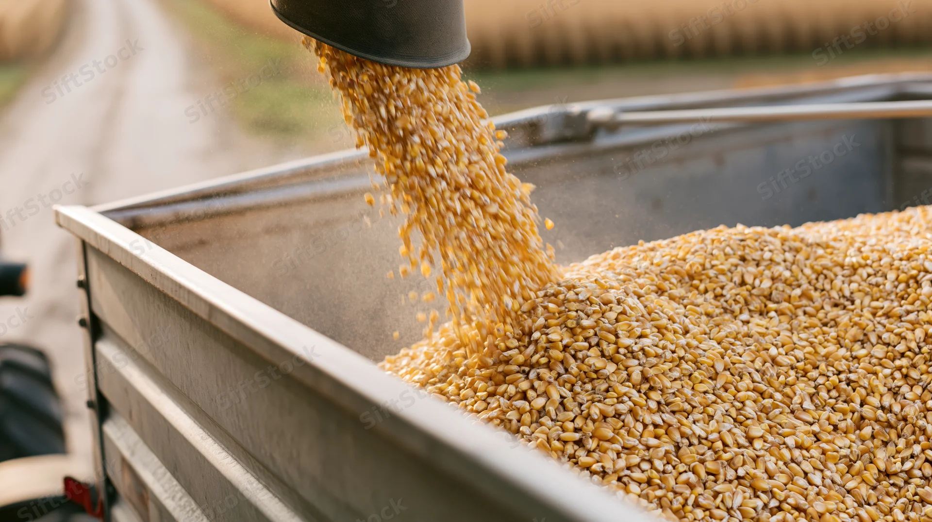 Combine harvester auger pouring harvested corn into a truck trailer in a field