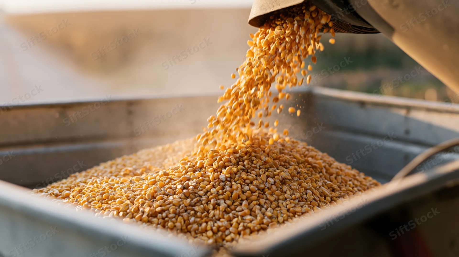 Combine harvester auger pouring corn kernels into a metal grain bin during harvest