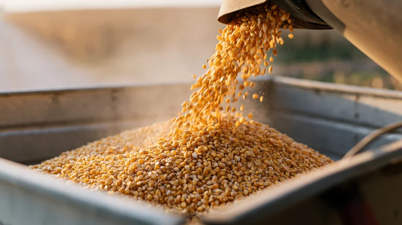 Combine harvester auger pouring corn kernels into a metal grain bin during harvest
