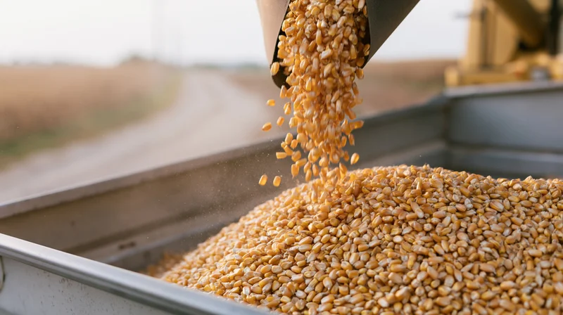 Corn being poured from a combine harvester auger into a metal grain bin in a field