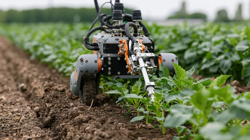 Autonomous robot moving between rows of crops in a farm field