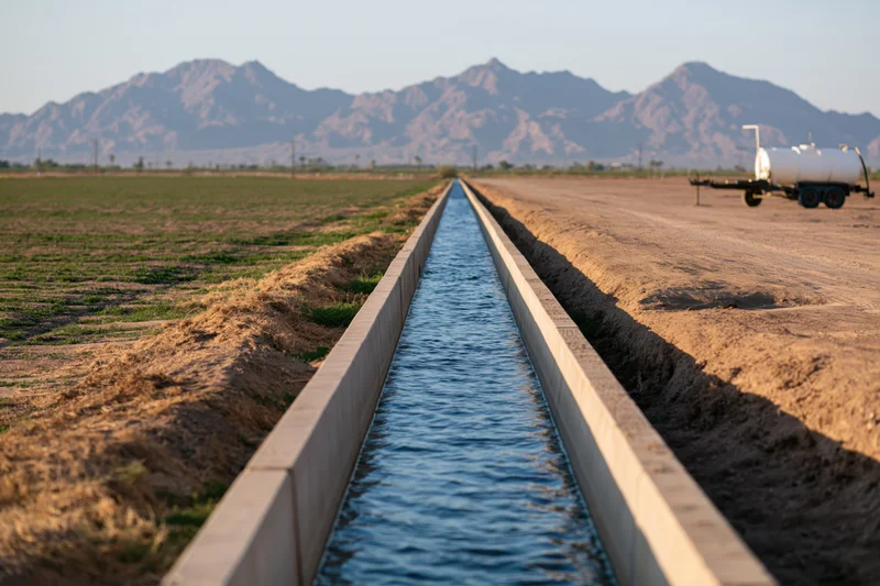 Concrete irrigation canal running through flat desert farmland with mountains in the distance