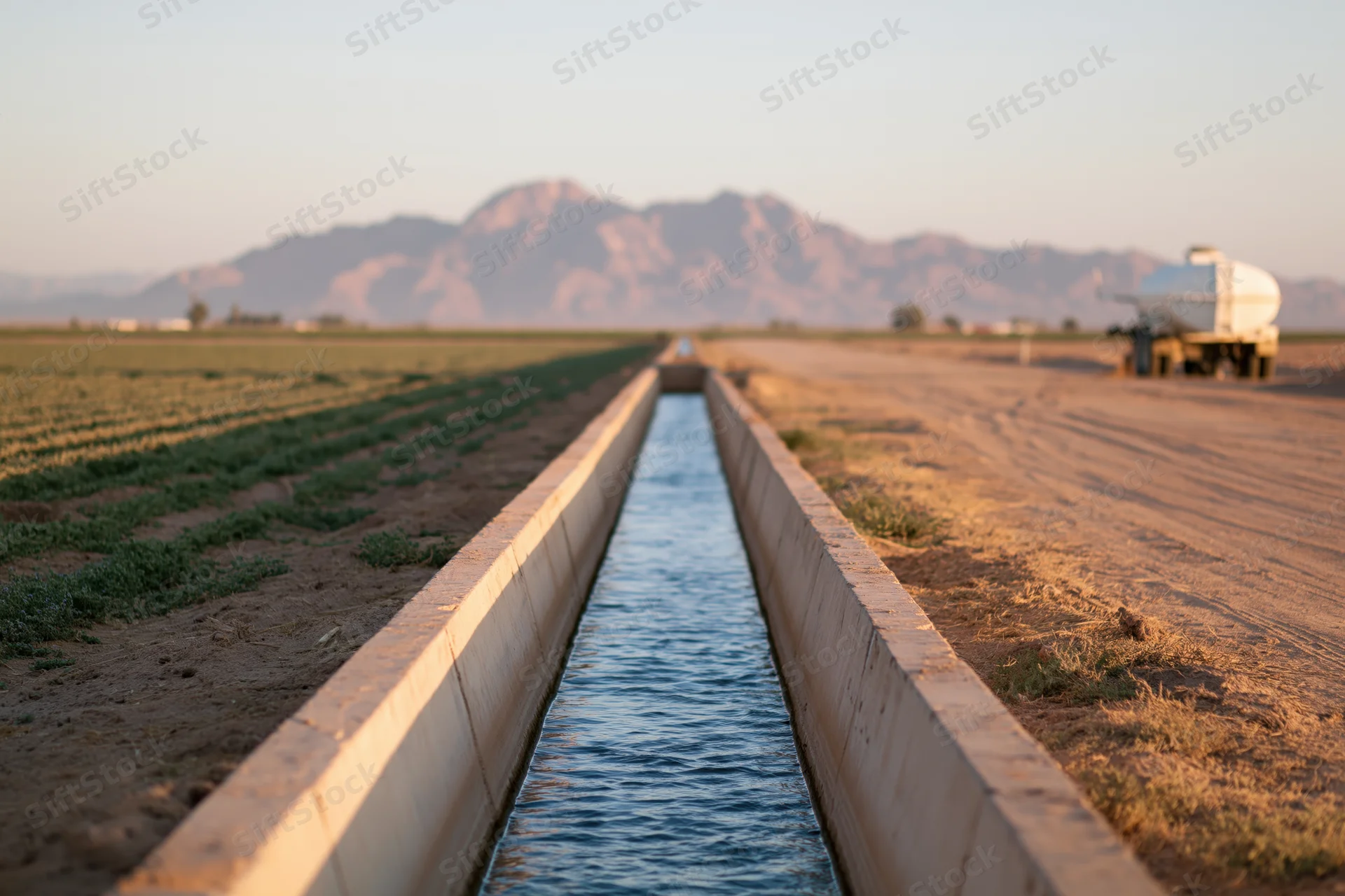 Concrete irrigation canal running through flat desert farmland with mountains in the distance