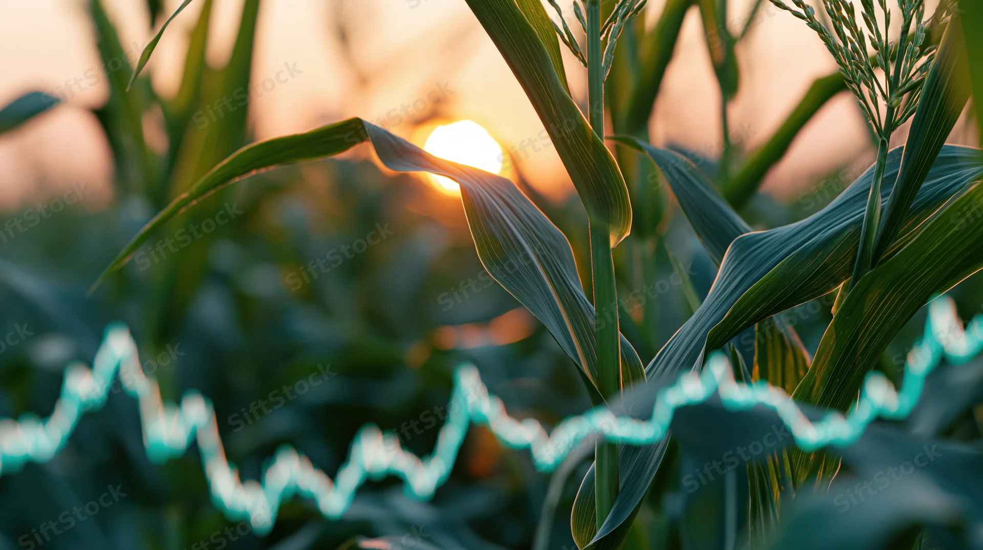 Corn plants in a field at sunset with a glowing digital graph overlay