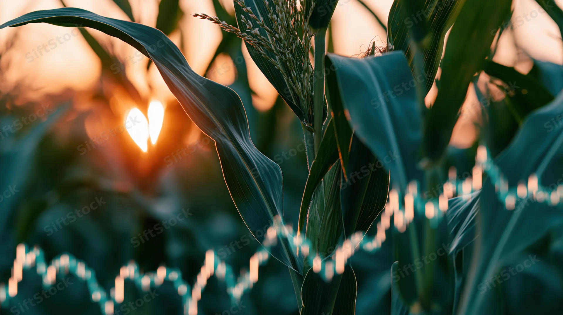 Corn plants in a field at golden hour with a digital data graph overlay