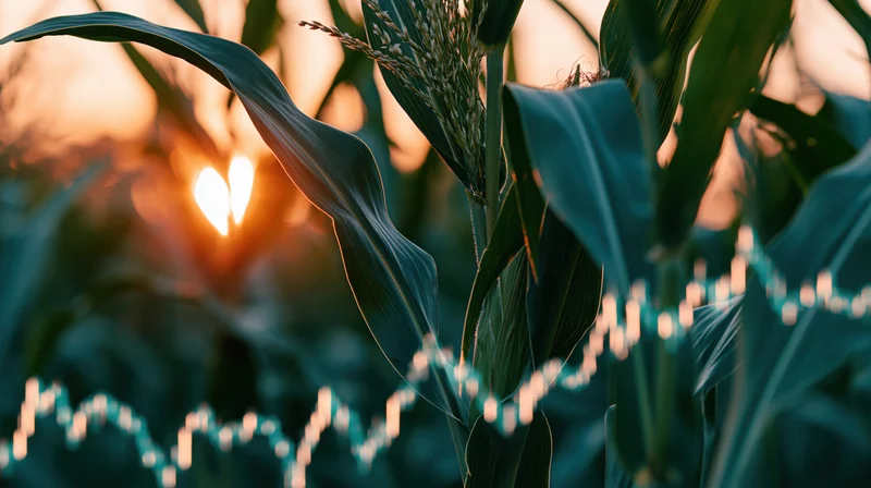 Corn plants in a field at golden hour with a digital data graph overlay