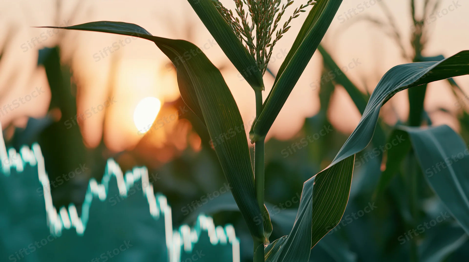 Close-up of a corn plant in a field at sunset with a translucent stock market graph overlay