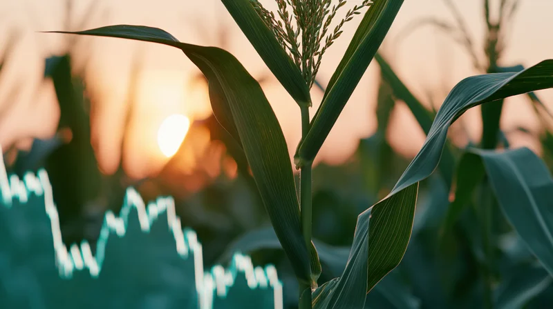 Close-up of a corn plant in a field at sunset with a translucent stock market graph overlay