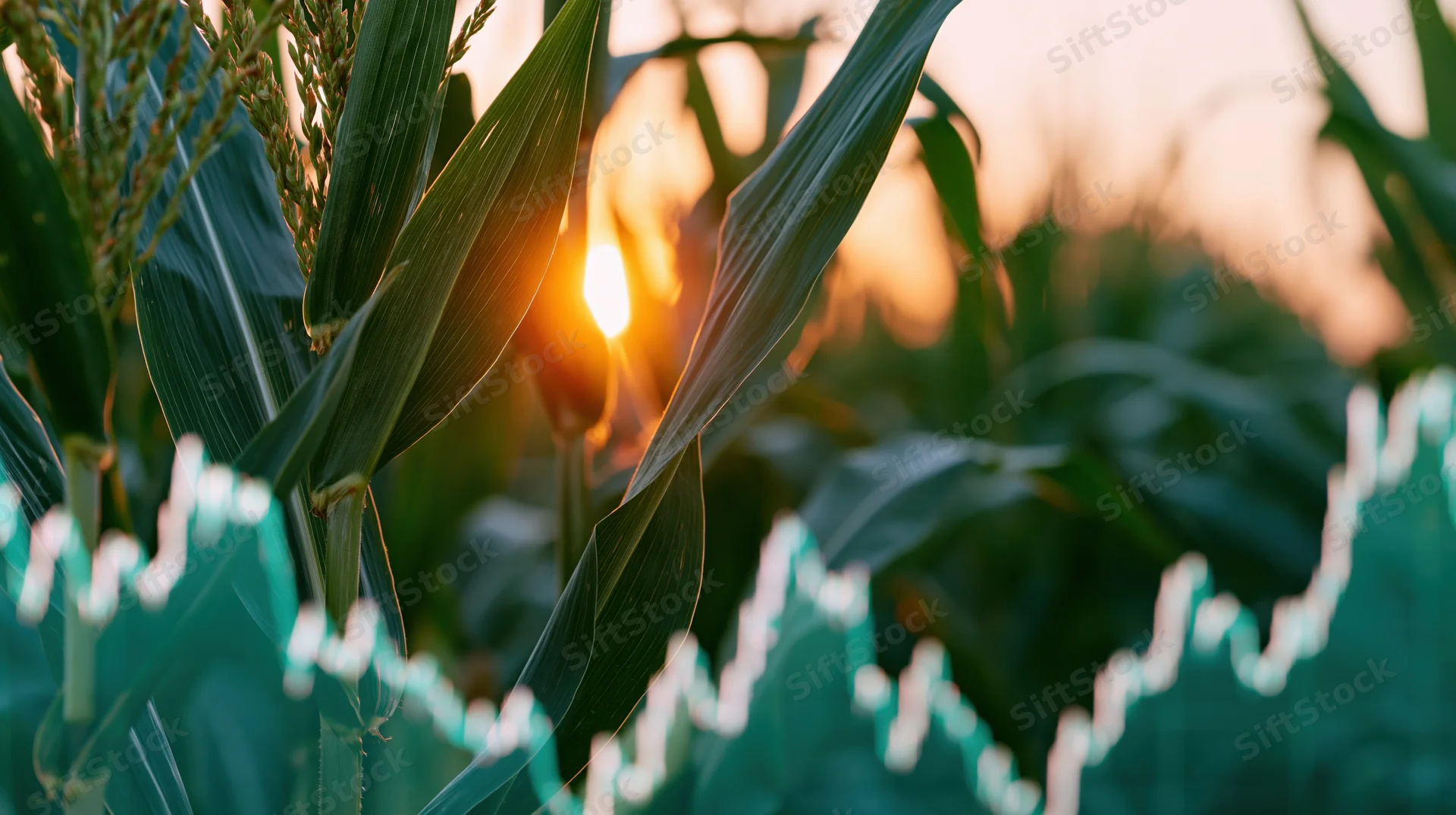 Corn stalks in a field at sunset with a semi-transparent stock market graph overlay