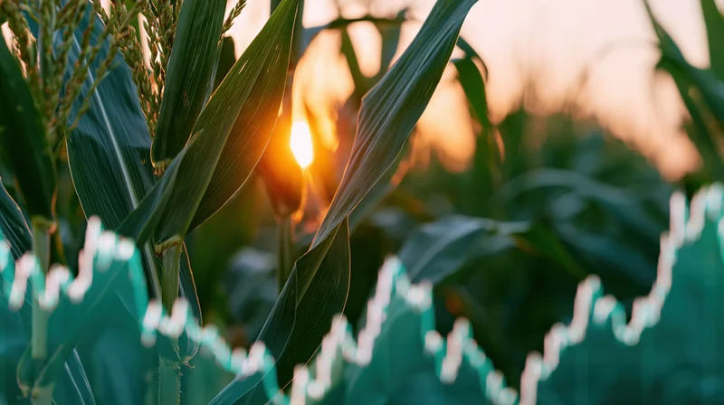 Corn stalks in a field at sunset with a semi-transparent stock market graph overlay
