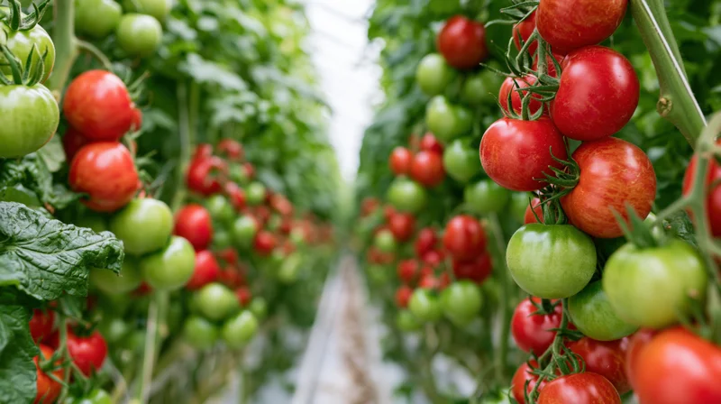 Ripe and unripe tomatoes growing on vines in a greenhouse row