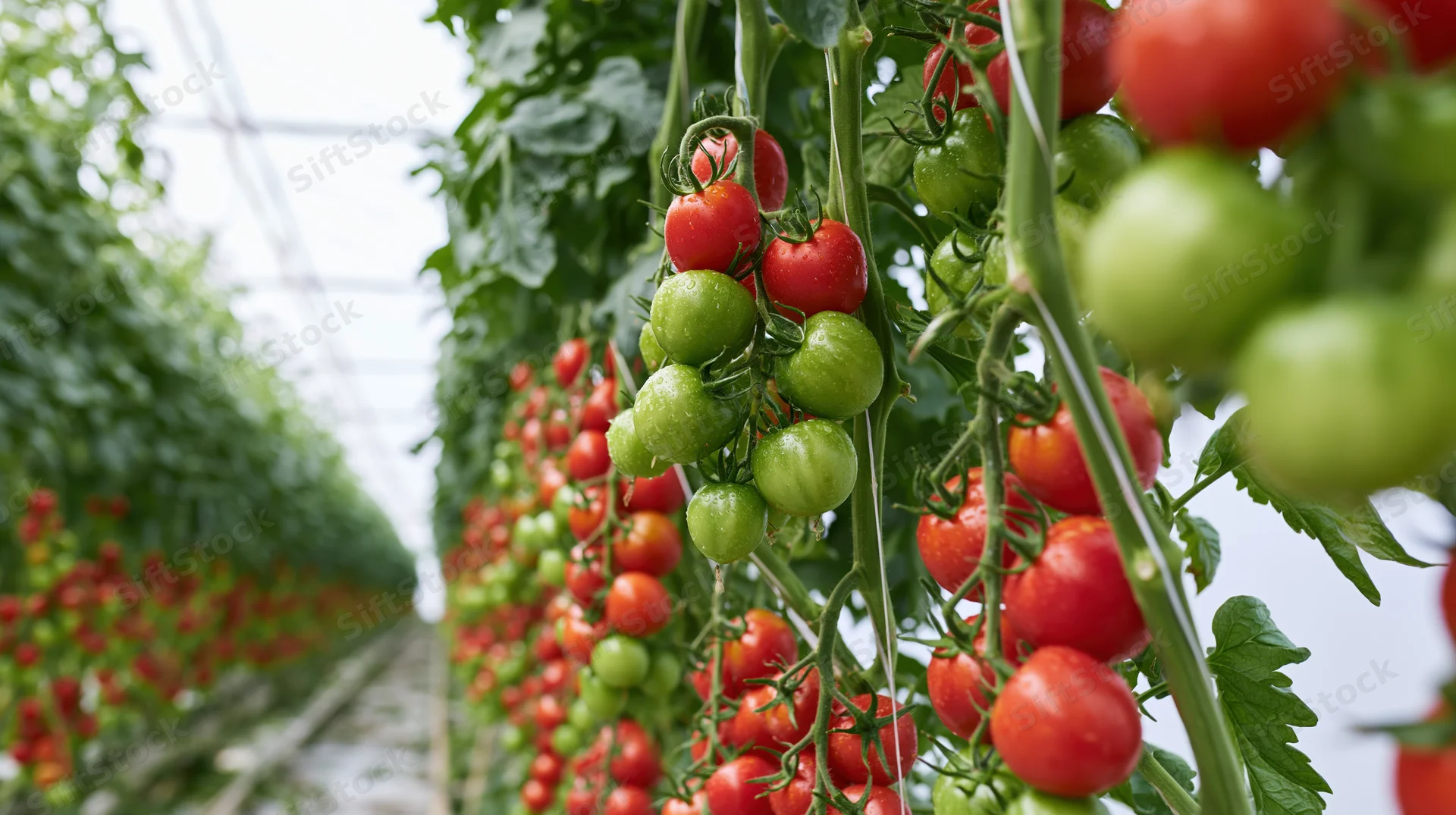 Ripe and unripe tomatoes growing on vines in a greenhouse