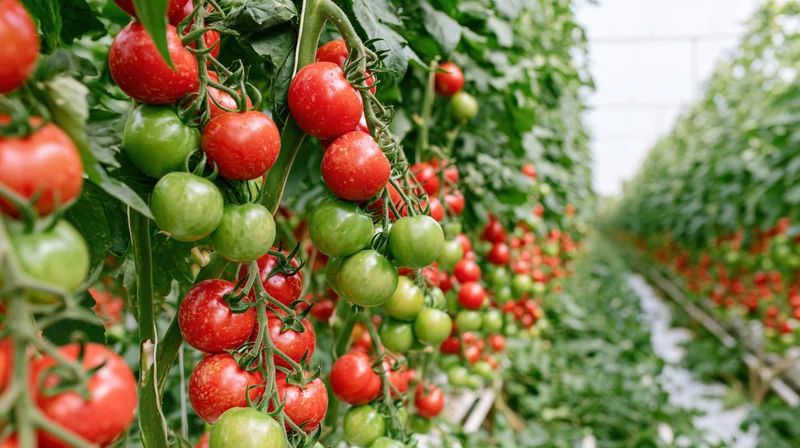 Ripe and unripe tomatoes growing on vines in a greenhouse row