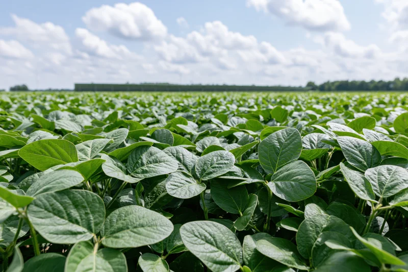 Dense soybean crop with lush green leaves filling the field under a partly cloudy sky