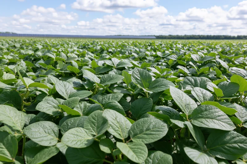 Dense soybean crop growing in a vast field under a partly cloudy sky