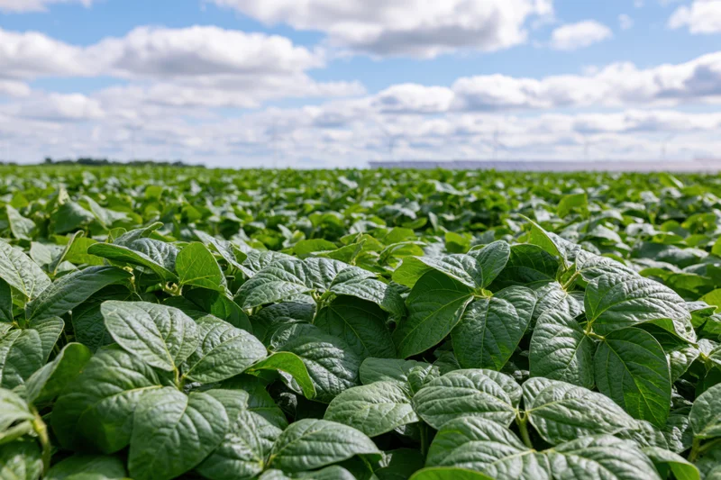 Dense soybean crop growing in a field under a partly cloudy sky