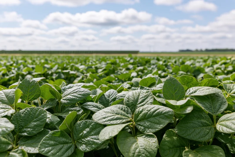 Dense soybean crop growing in a field under a partly cloudy sky