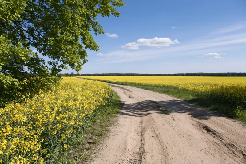 Dirt road curving through a blooming rapeseed field under a blue sky with scattered clouds