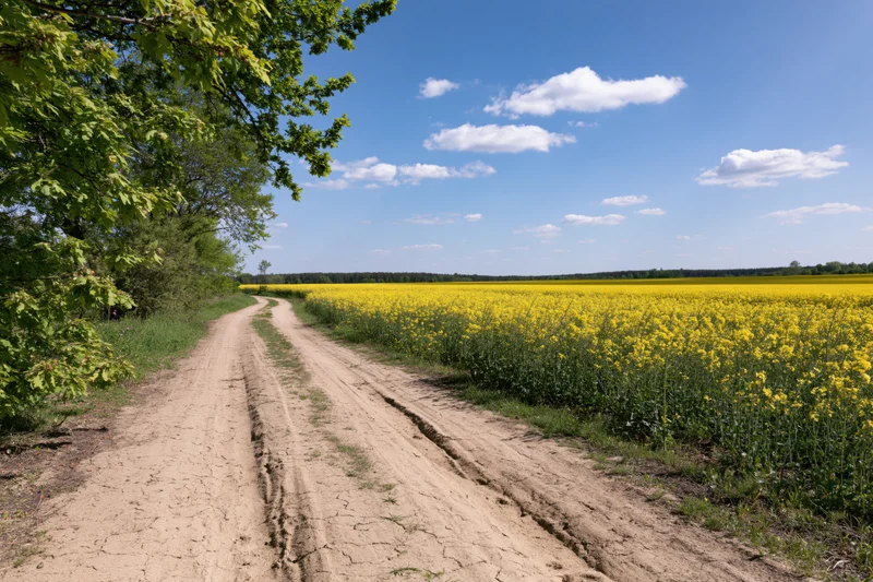 Dirt road curving alongside a vast blooming rapeseed field under a blue sky with scattered clouds