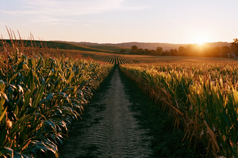 Dirt path running through a vast mature cornfield at sunset