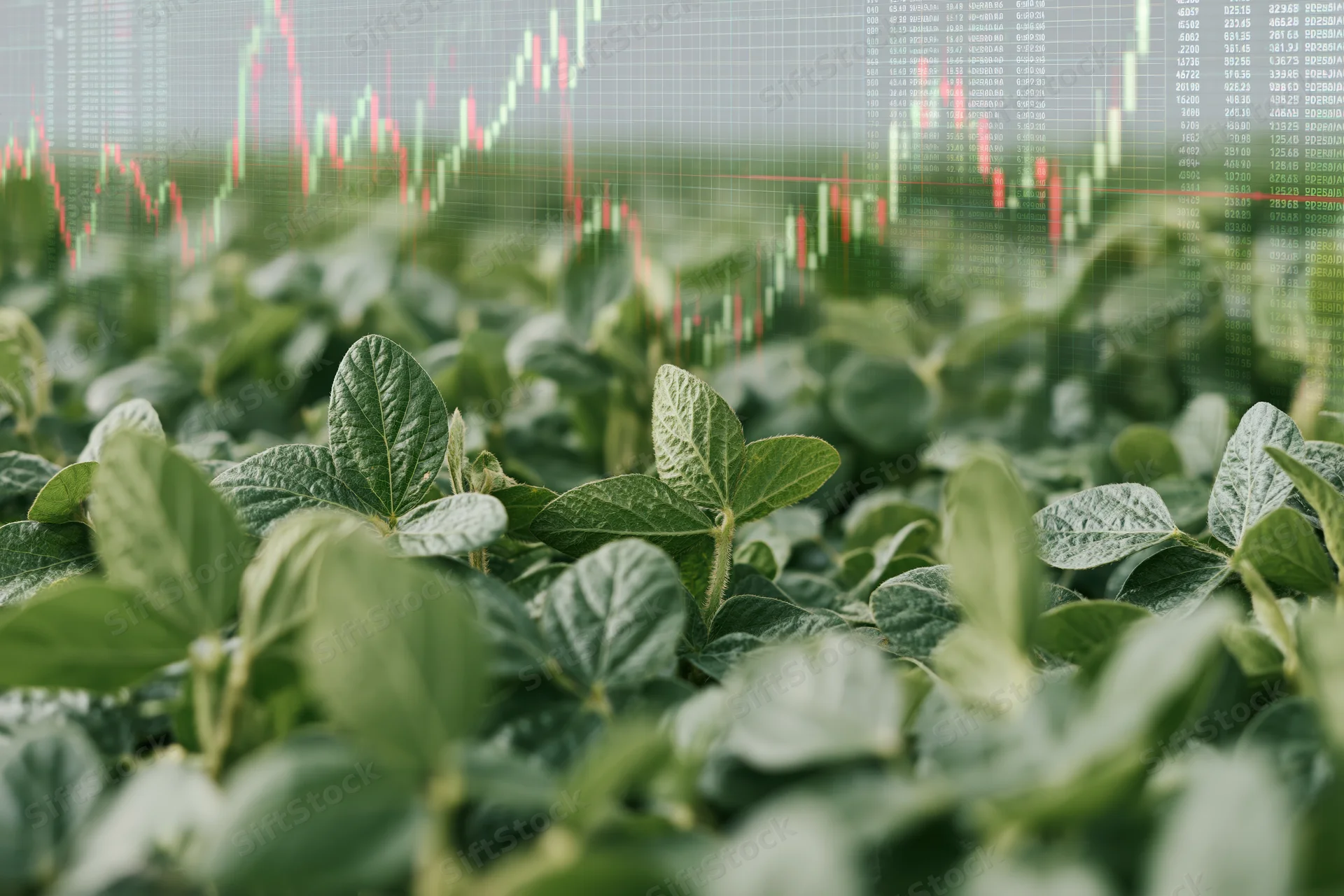 Soybean plants growing in a field with a digital stock market graph overlaid