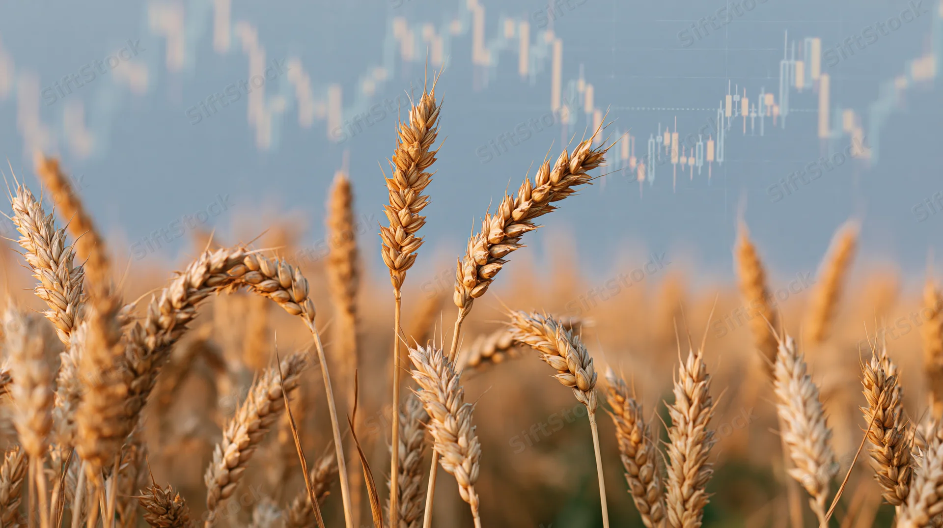 Golden wheat stalks in a field with financial charts overlaid in the background