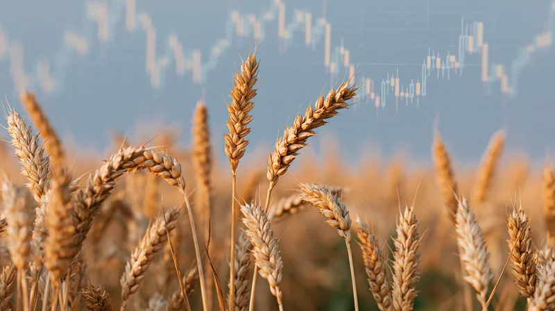 Golden wheat stalks in a field with financial charts overlaid in the background