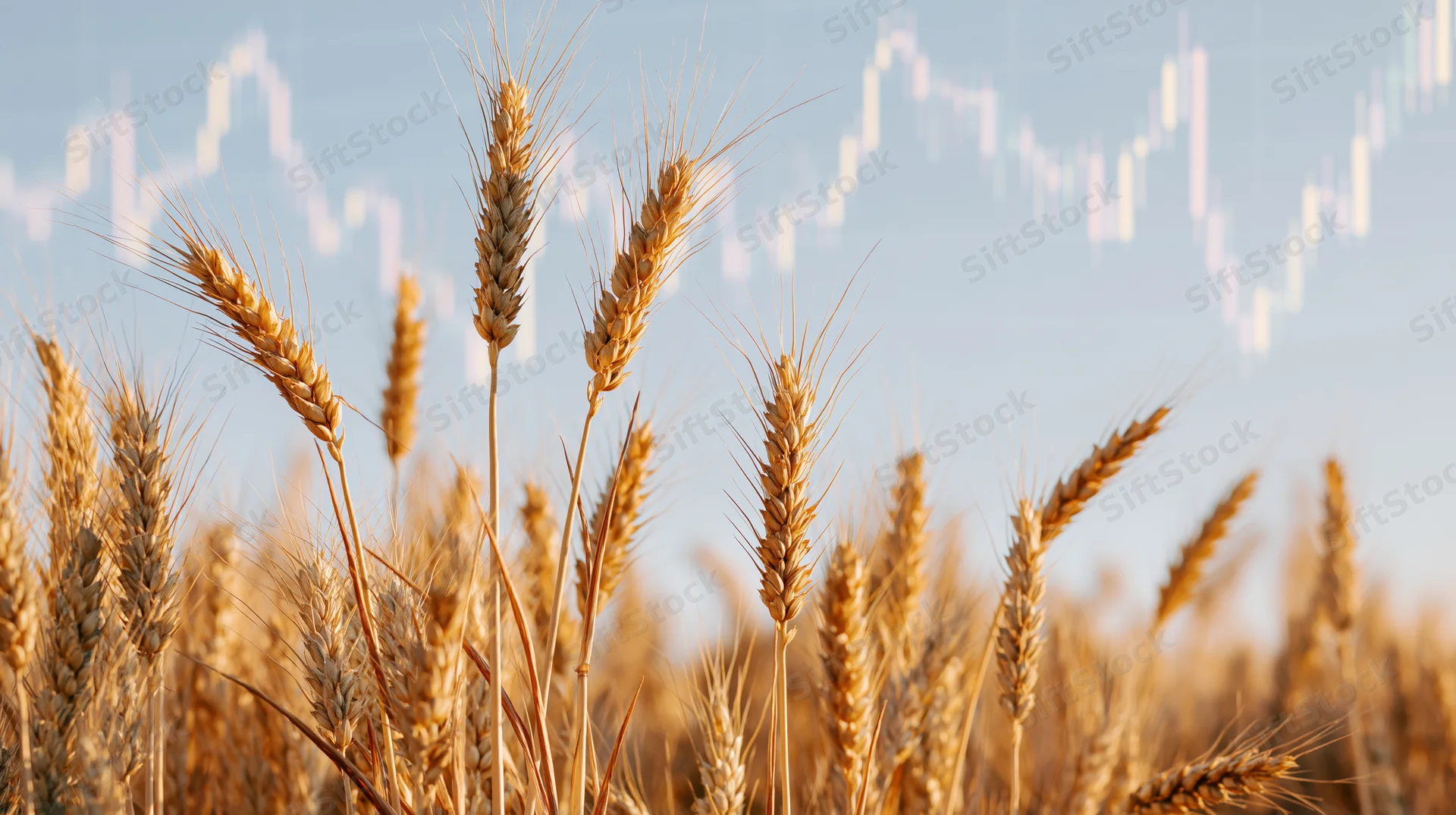 Golden wheat stalks in a field with a financial chart superimposed in the background