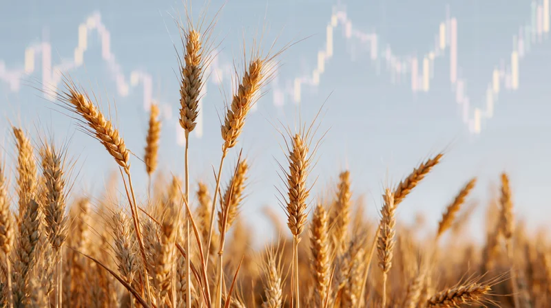 Golden wheat stalks in a field with a financial chart superimposed in the background