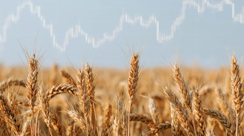 Golden wheat field with overlaid financial graph showing market trends