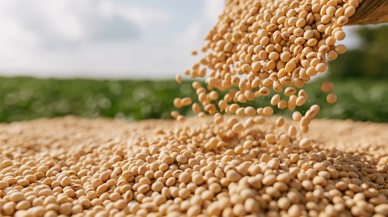 Dried soybeans pouring from a scoop into a pile in a field