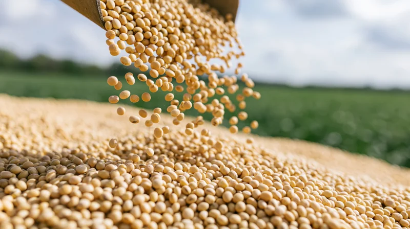 Dried soybeans pouring from a scoop into a pile in a field