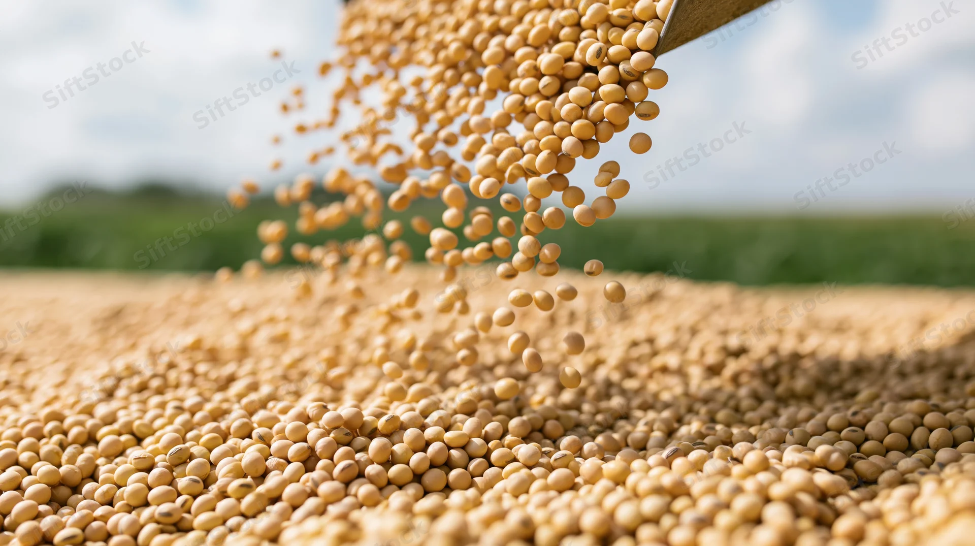 Dried soybeans pouring from a scoop into a pile in a field