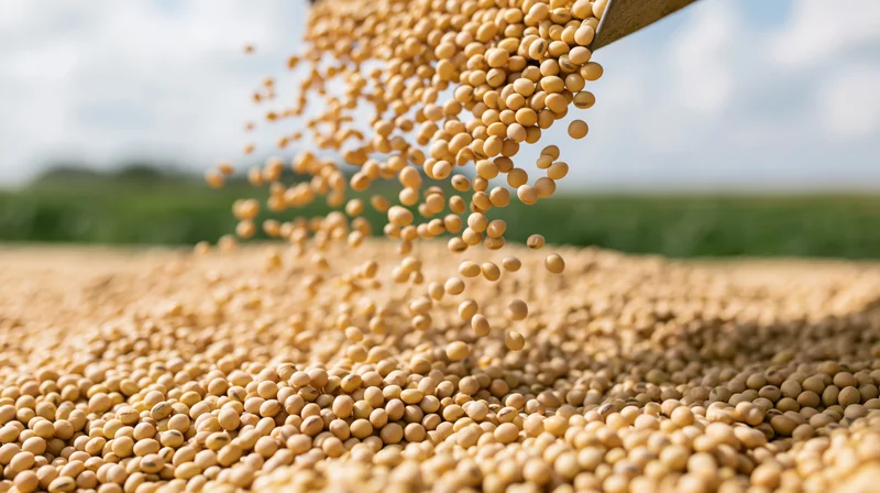 Dried soybeans pouring from a scoop into a pile in a field