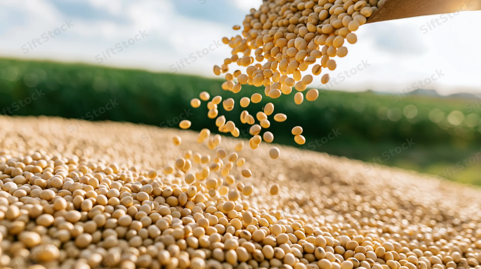 Dried soybeans pouring from a wooden scoop into a pile in a field