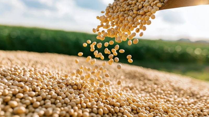 Dried soybeans pouring from a wooden scoop into a pile in a field