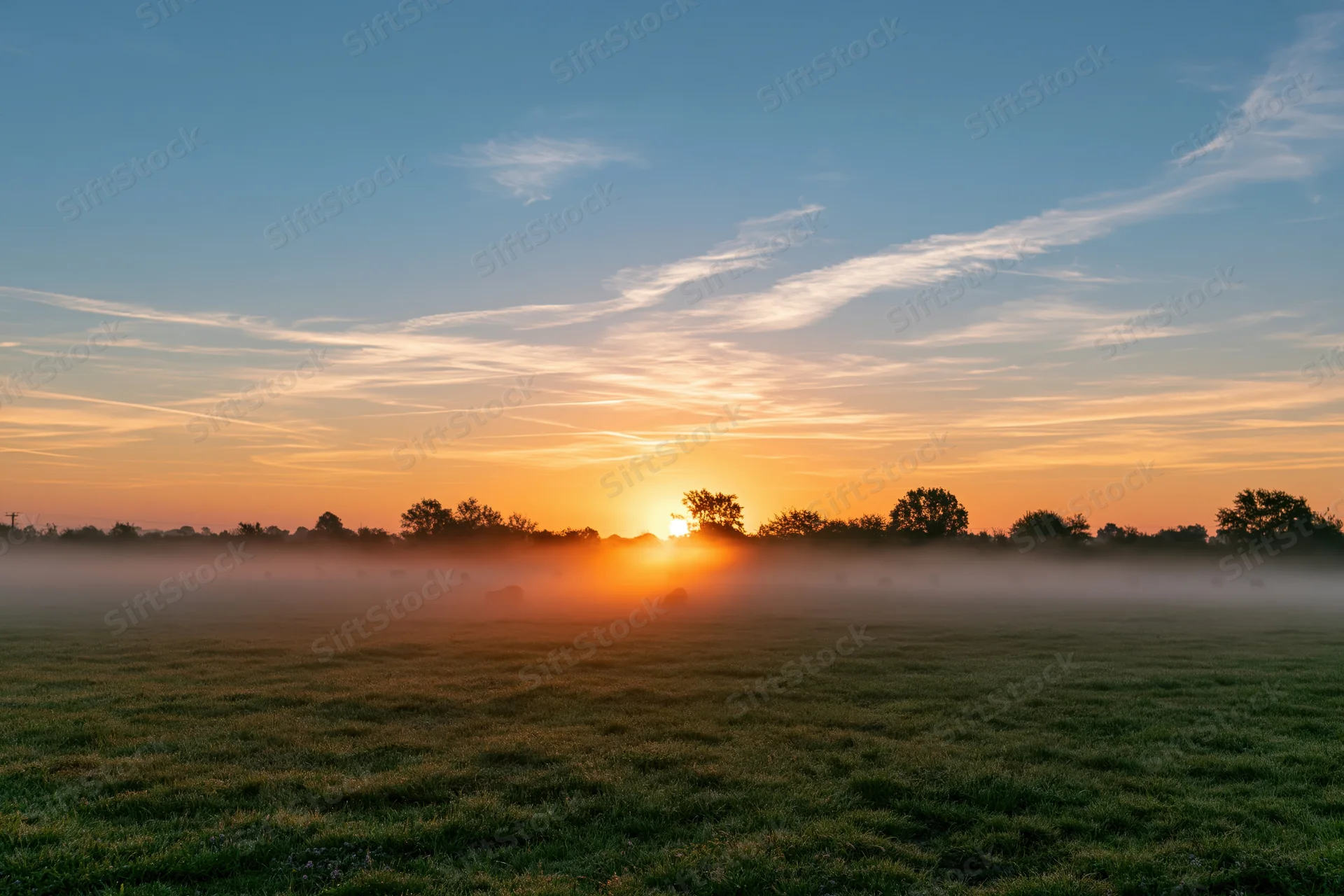 Sunrise over a foggy rural meadow with trees on the horizon