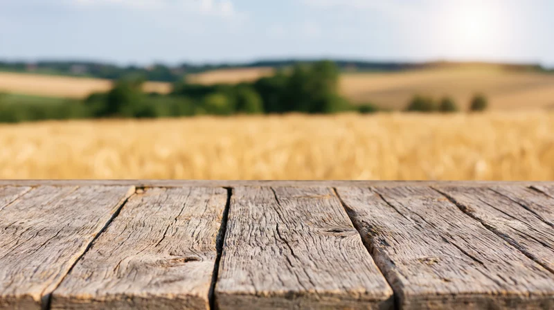 Weathered wooden plank table in foreground with blurred golden wheat field and green trees in background