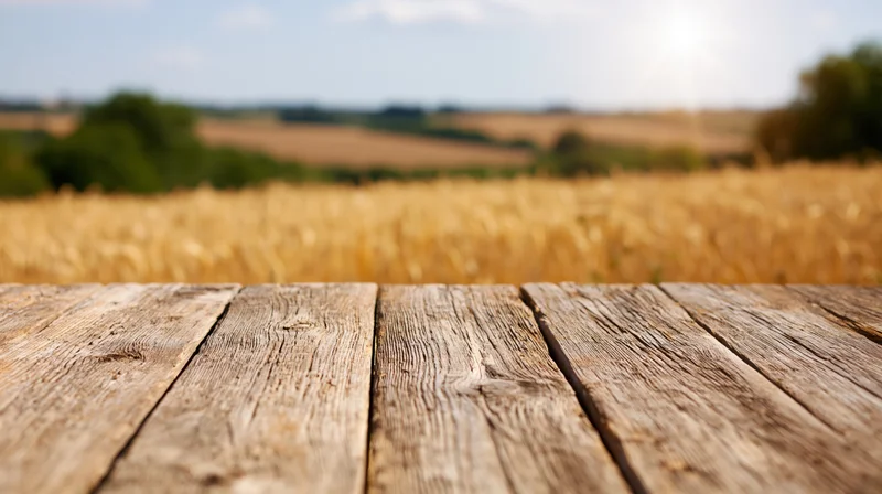 Weathered wooden plank table surface in front of a golden wheat field under a sunny sky