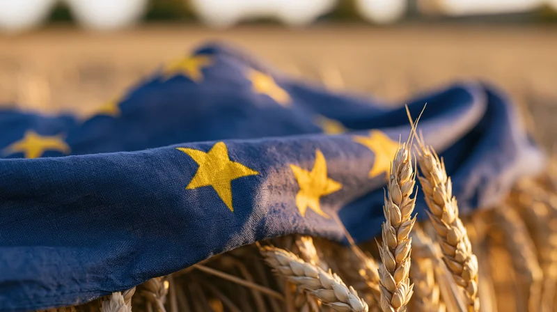 European union flag draped over wheat stalks in a golden field