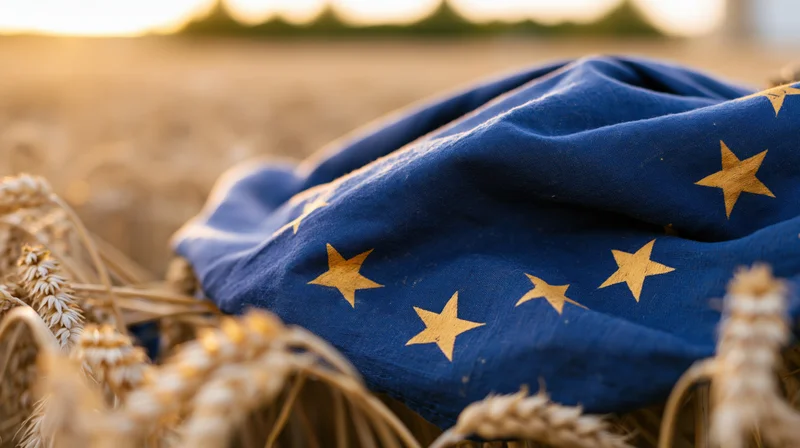 European union flag with gold stars on blue fabric resting among wheat stalks in a field at sunset