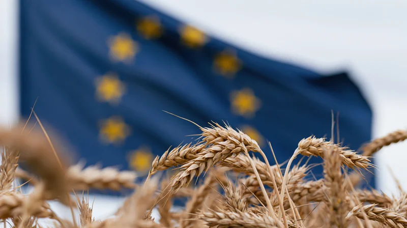 Golden wheat stalks in a field with european union flag in background
