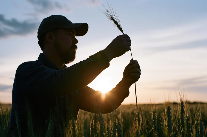 Farmer inspecting wheat stalk in field at sunset