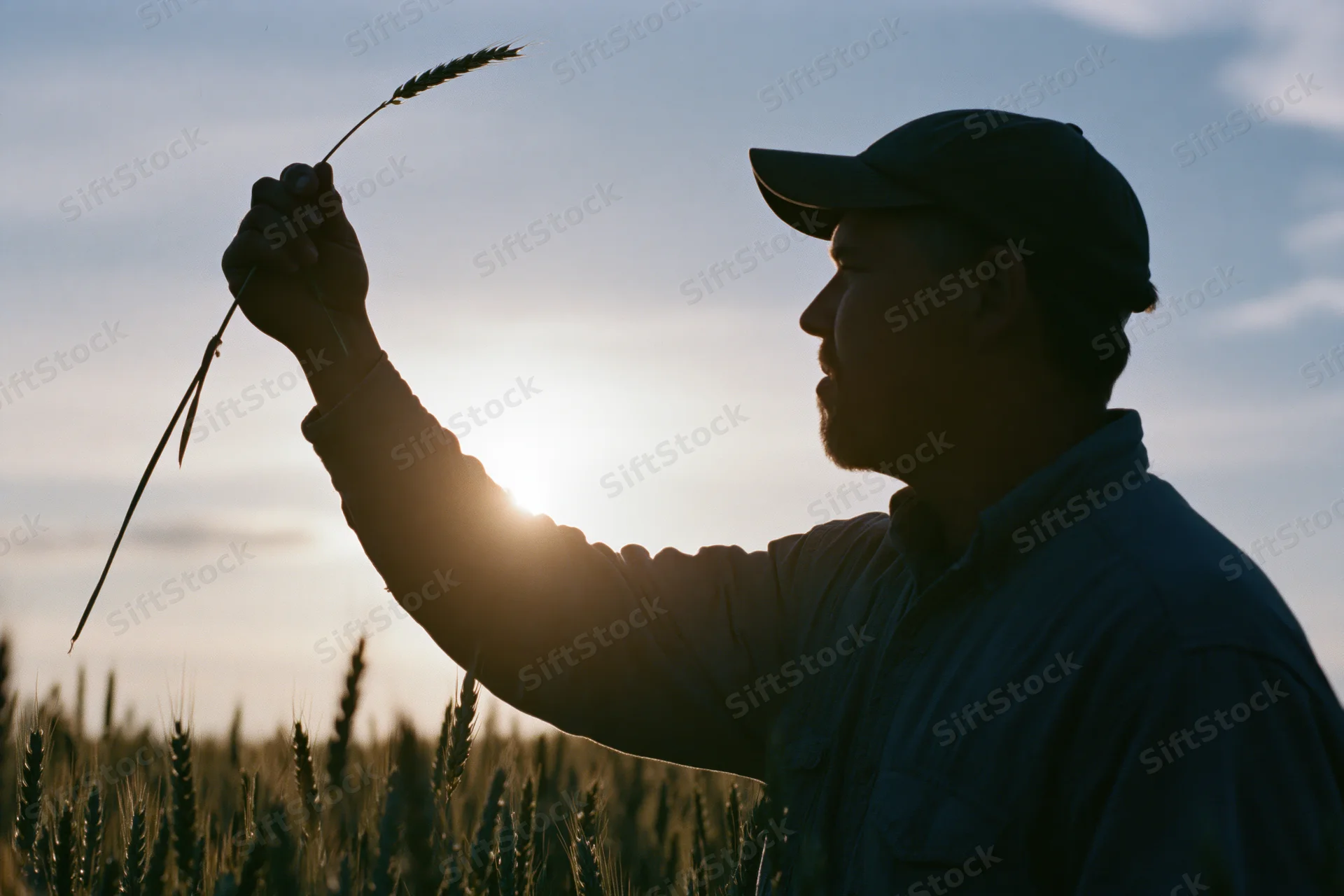 Farmer holding wheat stalk in field at sunset