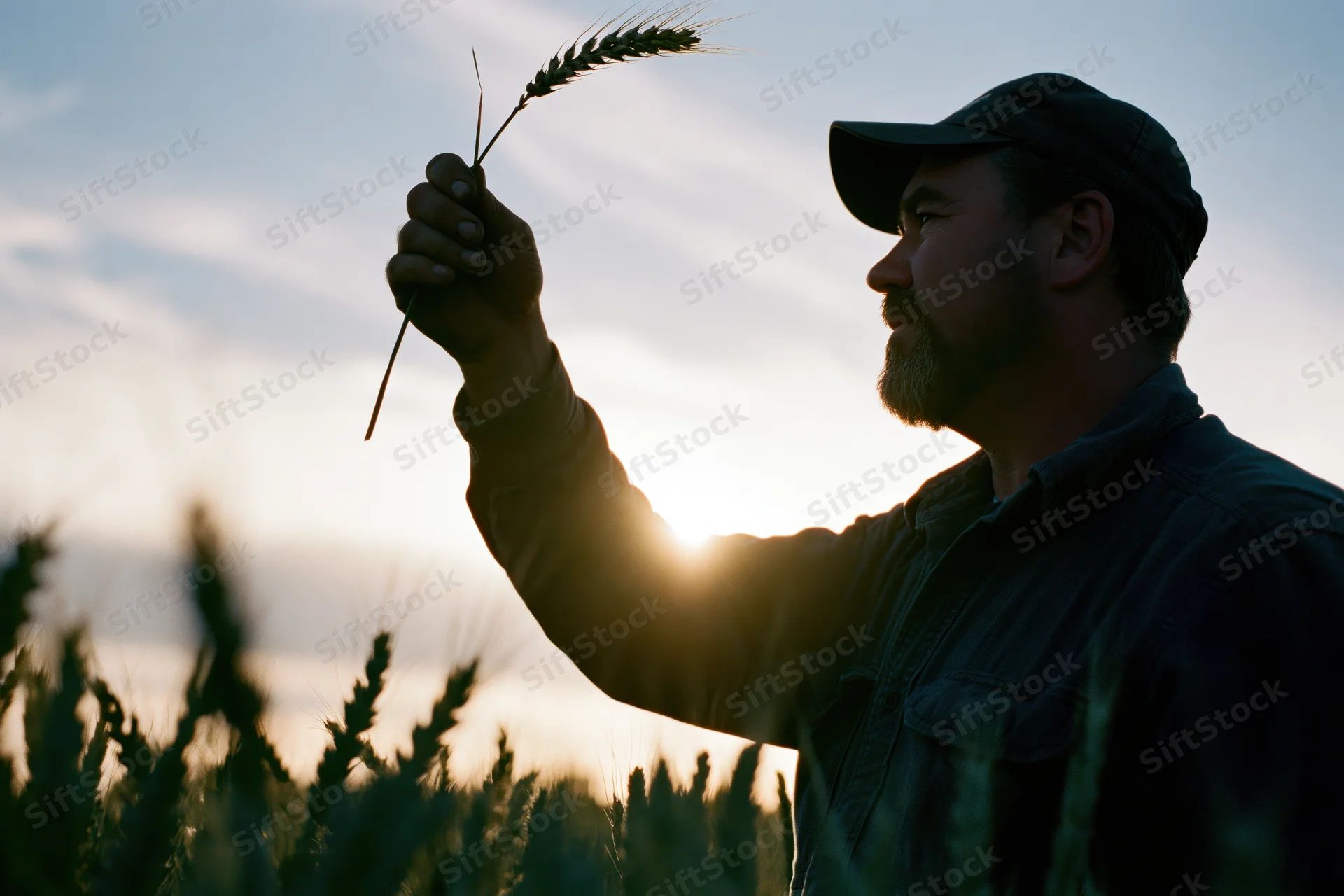 Farmer holding wheat stalk in field at sunset